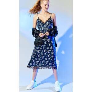 Kenzie Francescas Women Satin Floral Midi Slip Dress Medium Navy Lace Side Slit